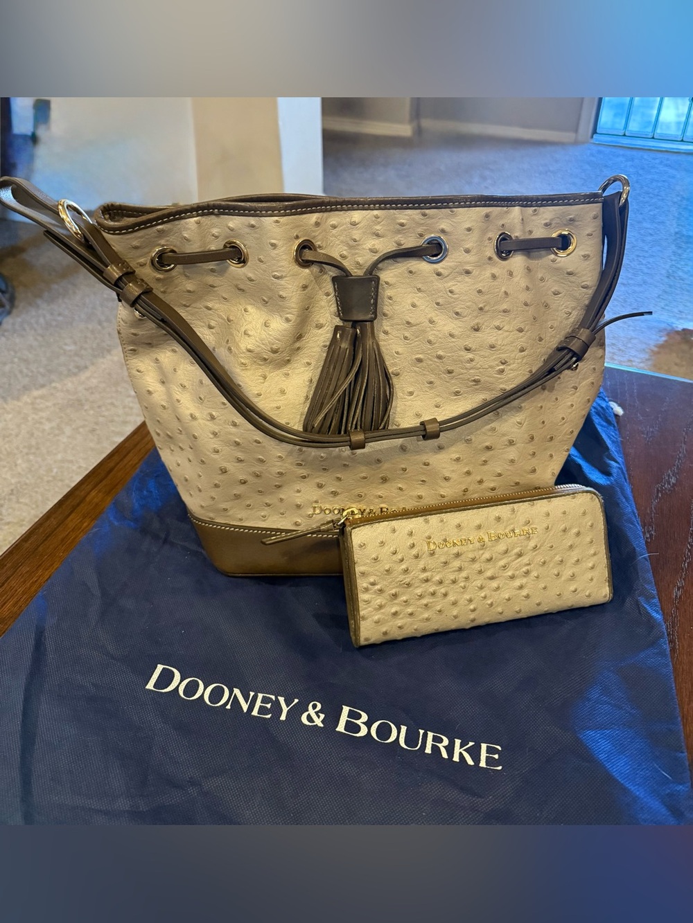 Dooney & Bourke Oyster/Gray Ostrich-Embossed Bucket Bag with Matching Wallet